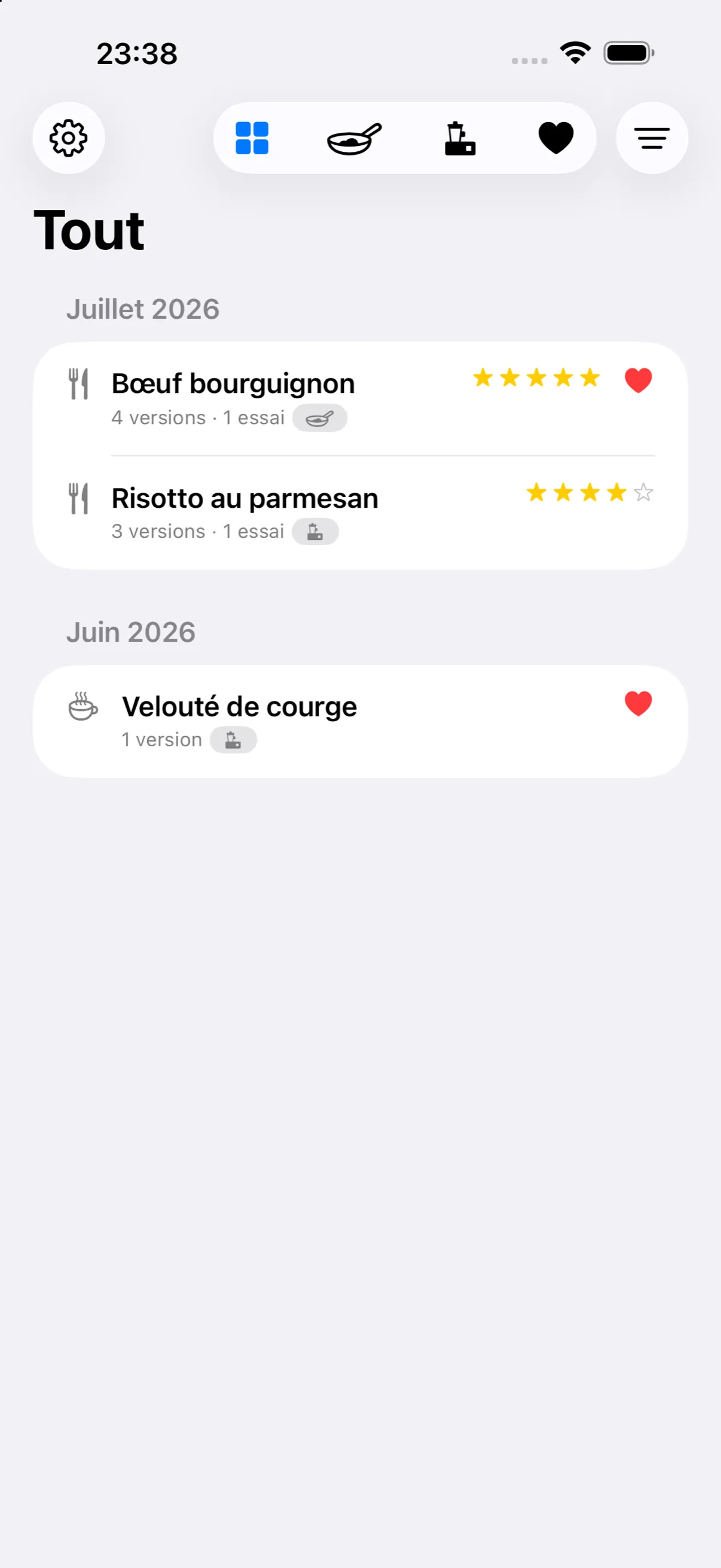 Recipe library, sorted by month