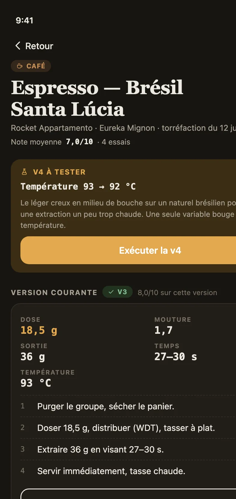 Espresso recipe with the version to test