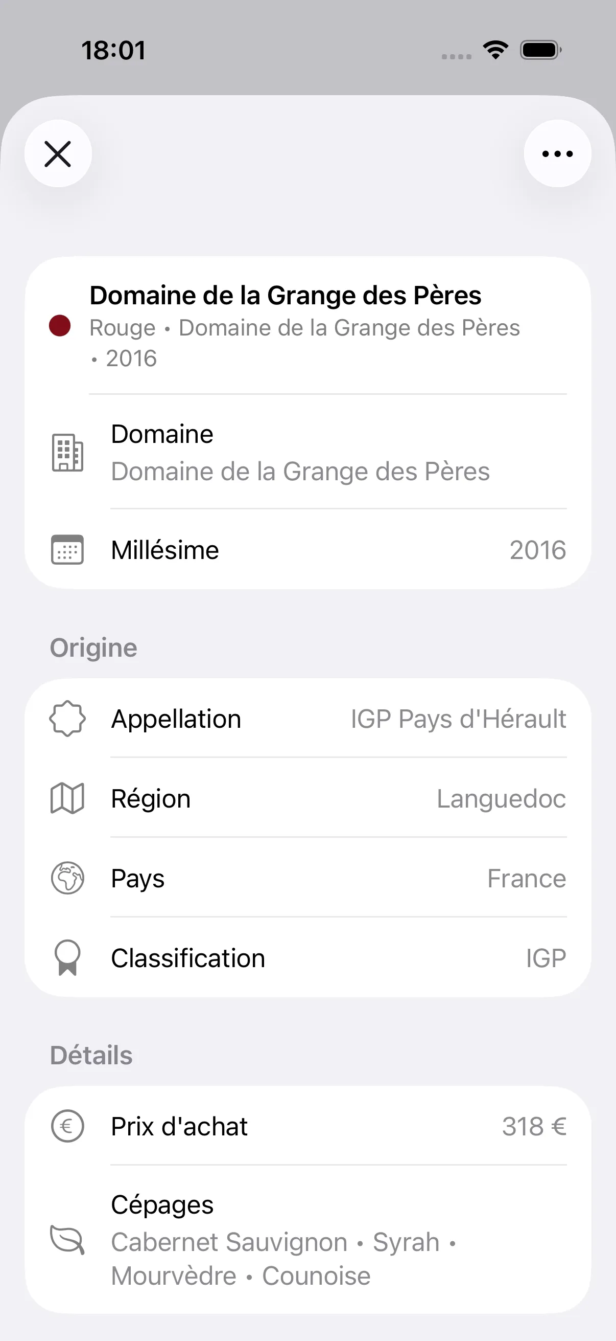 Wine detail: color, estate, vintage, appellation, classification, grapes
