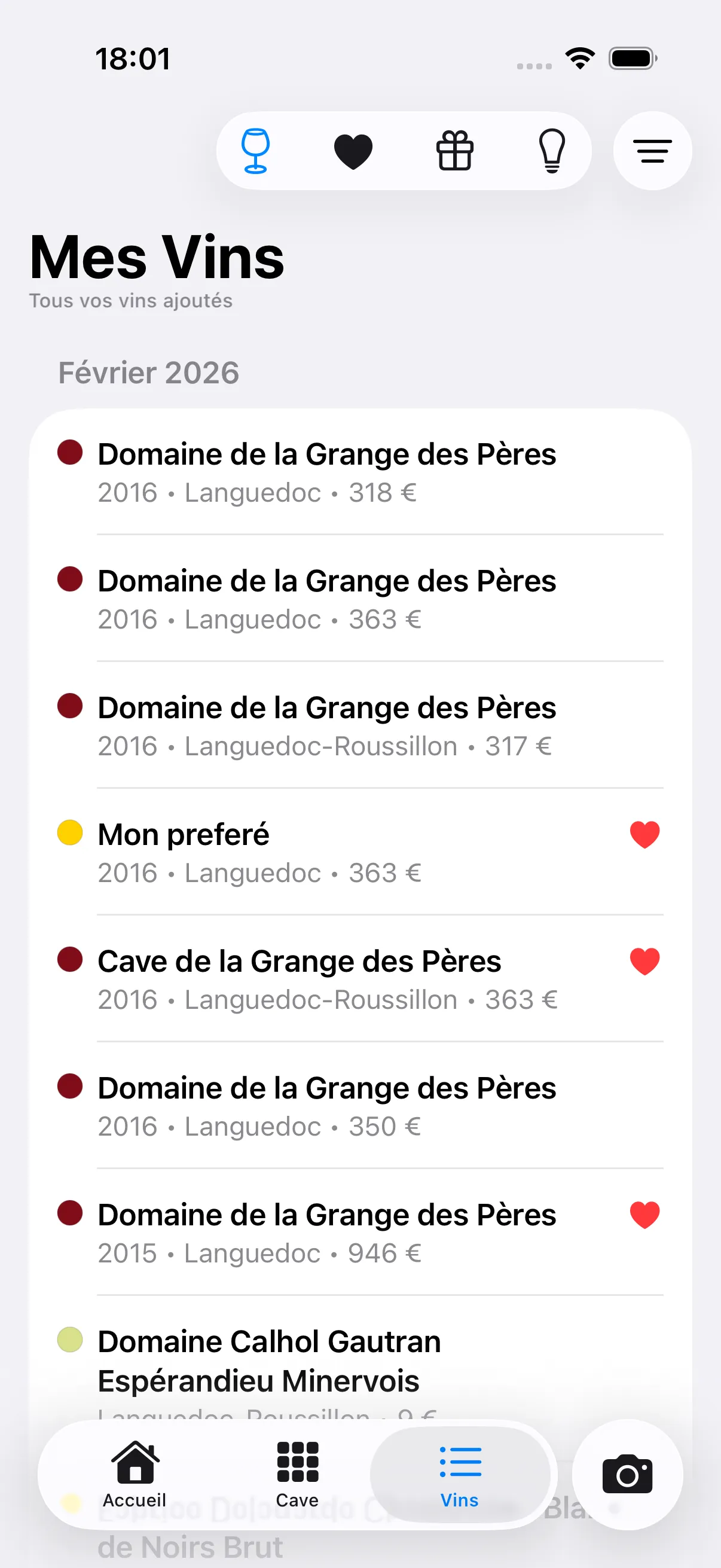Wine collection with prices, filters and favorites